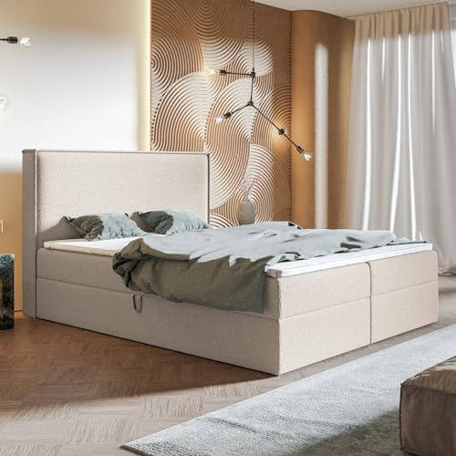 MOTIVENA Bari Boxspringbett 180x200 Beige Boucle, mit Taschenfederkern-Matratze (H3), mit T28 Komfortschaumstoff Topper (H3), Boxspringbett 180x200 mit Bettkasten Beige