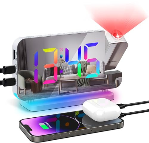 Lafocuse Sveglia Proiezione Digitale con 11 RGB Colori Numerici e 10 Luce Notturna, Proiettore 180° Sveglia da Comodino con Volume e Luminosità Regolabile, 2 Porta USB, Snooze, 12/24 Ore, Bianco