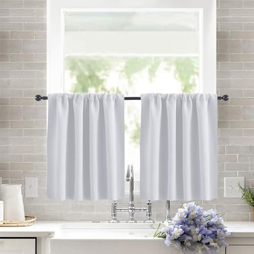 KnSam Gardinen Kurz Verdunklungsvorhänge Vorhang Blickdicht Küchengardinen 2er Set Scheibengardine Weiß Dekoschal für Wohnzimmer Schlafzimmer 45x120cm(HxB) Anthrazit Vorhänge