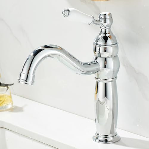 Wasserhahn Bad Waschtischarmatur Retro Antik Stil 360° Drehbar Messing Einhebel Mischbatterie Waschbecken Armatur, Badarmatur Waschtischbatterie Badezimmer, Chrom, Silber