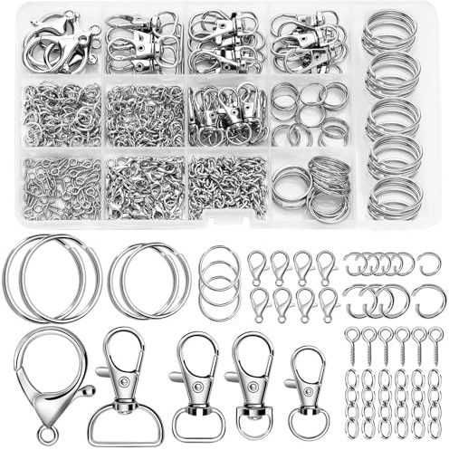 AUGSUN Schlüsselanhänger-Bastelset, 450-teiliges Schlüsselanhänger-Bastelset inklusive Schlüsselanhänger-Clips, Schlüsselband-Karabinerhaken, Karabinerverschlüsse, Schlüsselringe, Biegeringe und Ösens