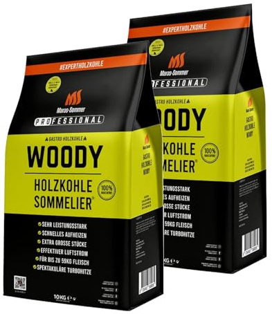 Holzkohle Sommelier® Woody 2x10kg, Rauchfreie Holzkohle, Steakhouse, Gastroholzkohle, Feinstaub reduziert nach PM10 & PM2,5! Hochdosierte Holzkohle für Grillergebnisse und geschmackliche Überlegenheit