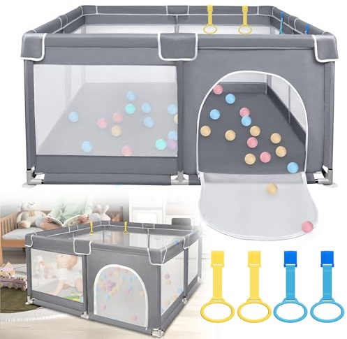 UISEBRT Parc pour bébé avec base antidérapante et filet respirant et 50 balles, grille de barrière stable, centre d'activités pour enfants, gris foncé, 180 x 150 cm