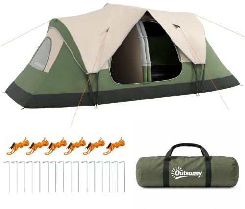 Outsunny Tienda de Campaña Familiar para 3 Personas Tienda de Camping Plegable Grande con 2 Habitaciones y Bolsa de Transporte Impermeable para Senderismo 450x215x180 cm Verde Oliva y Marrón Claro