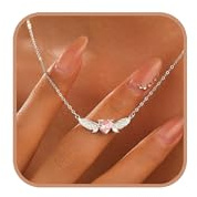 925 Sterling Silver Angel Wings Heart Necklaces for Women Cute Dainty Pink CZ Heart Pendant Necklace Promise Couple Necklaces Mother Daughter Friendship Necklace Adjustable Choker Necklace Jewelry (Silver)