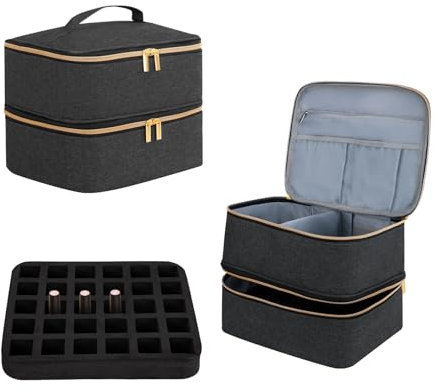 Nail Polish Organizer Bag Double Layer Make up Case Portable Travel Makeup Bag Cosmetic Storage Bag Vanity for Nail Polish Bottles Nail Lamp Tools Accessories (Black, M - 30 Bottles)