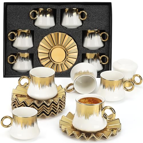TeamSky White & Gold Kaffeetassen Set im türkischen Stil - 6 kleine Porzellantassen mit passenden Untertassen - vergoldeter Rand