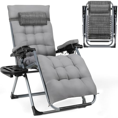 TLGREEN Sonnenliege, Gartenliege, Liegestuhl klappbar, Tragfähigkeit 160KG, Abnehmbares Sitzkissen, Verstellbare Rückenlehne, Nackenkissen & Getränkehalter, Outdoor Sessel, Strandliege, Grau