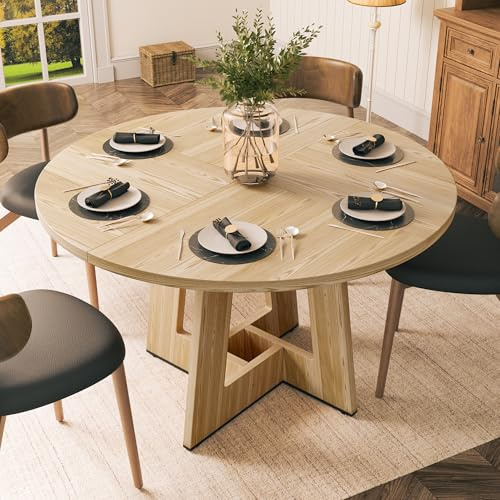 YOUDENOVA Tavolo da pranzo rotondo 120 cm, tavolo da pranzo in legno per 4-6 persone, estetica rustica da cucina con piedini a giuntura geometrica moderna, naturale (SENZA SEDIE)