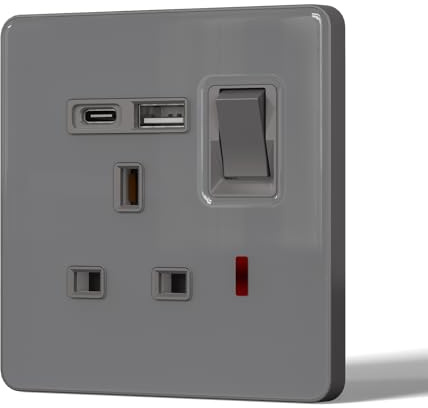 BSEED Single Socket with 20W USB-C Fast Charging,Glass Switched Wall Socket,LED Indicator Light,UK Standard 13A Electric Power Outlet,Screws Included,1 Gang(20W),86mm Grey