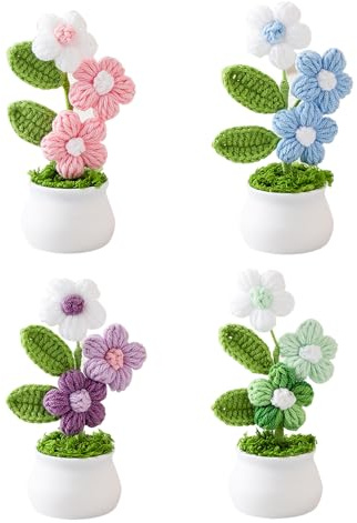 YueLvoe 4Pcs Crochet Flowers, Handmade Potted Plants, Knitted Flower, Cute Desk Flowers, Crochet Plants for Car Dashboard, Desk, Home, Office, Party Decor (A)