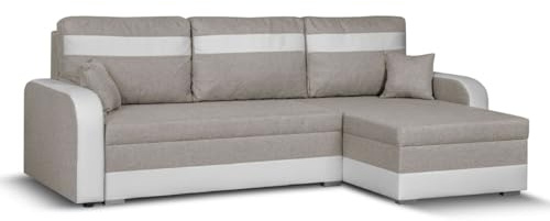 SENTO TRADE Ecksofa mit Schlaffunktion, Bettkasten, L-Form Eckcouch, Schlafsofa, Bonellfederkern, CONDI (beige-weiß)