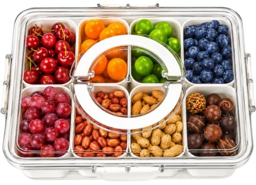 Snackle Box with Handle, 8 Compartment Divided Snack Box with Lid, Portable Dishwasher-Safe Food Storage Container for Plane, Travel & Picnics, Holding Fruits, Nuts, Sweets & Crisps (28*22*7cm)