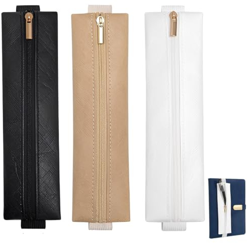 XPEX 3 Pezzi Astuccio Matite, Penna Custodia in PU Pelle con Fascia Elastica Legato a Quaderno,Porta Penna Matite Borsa di Cancelleria con Cerniera, Accessorio Scolastico(Khaki +Nero +Bianco)