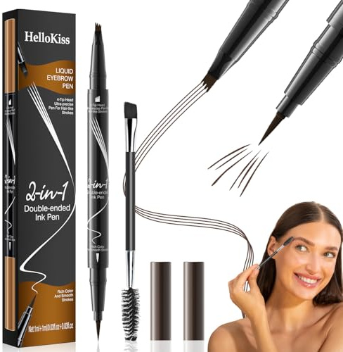 VLYX Lápiz de Cejas 2 en 1, Lápiz Microblading con Punta de 4 Horquillas y Cepillo Preciso para Acabado 3D Natural, Resistente al Agua (Marrón Oscuro)