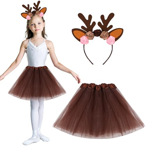 Deguisement Renne pour Enfant, Déguisement Cerf Enfant Fille, Deguisement Renne de Noel, Costume de Rennes avec Serre Tête, Rennes, Tutu, Déguisement Animaux pour Carnaval, Noël, Halloween (A)