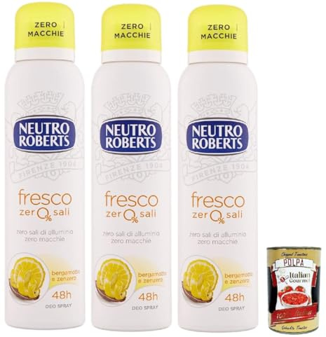 Neutro Roberts, fresco déodorant en fresque, sans sels en aluminium, zéro taches d'agrumes de bergamote et de gingembre, homme et femme déodorant, 3x 150 ml + Italian Gourmet polpa 400g