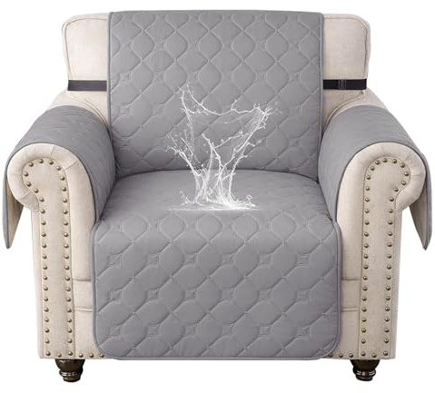 Ystyle 100% Wasserdicht Sesselhusse 1 Sitzer, Sofabezug rutschfest, Gesteppte Sofaüberzug Mit Seitentaschen, Couchschoner, Couch Überzug Kratzfest Für Haustiere Hunde Katzen, Hellgrau