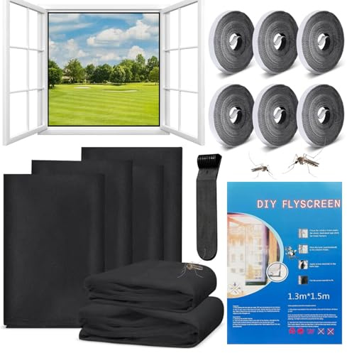 Malla Mosquitera para Ventanas, 6 pcs Malla Antimosquitos, con 6 rollos de cinta autoadhesiva, Mosquiteras para Ventanas Universal, Mosquiteras Cortables, para Anti Insectos y Moscas, 130 × 150 cm