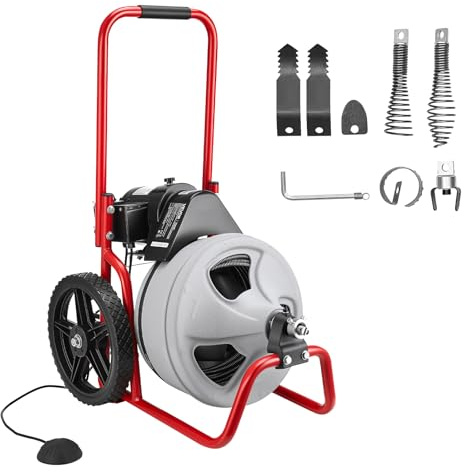 VEVOR Drain Cleaner Machine 75 FT x 3/8 Inch, Sewer Snake Auger Manual Feed on Wheels, Portable Drain Cleaning Machine with 6 Cutters & Air-activated Foot Switch for 2 to 4 Pipes
