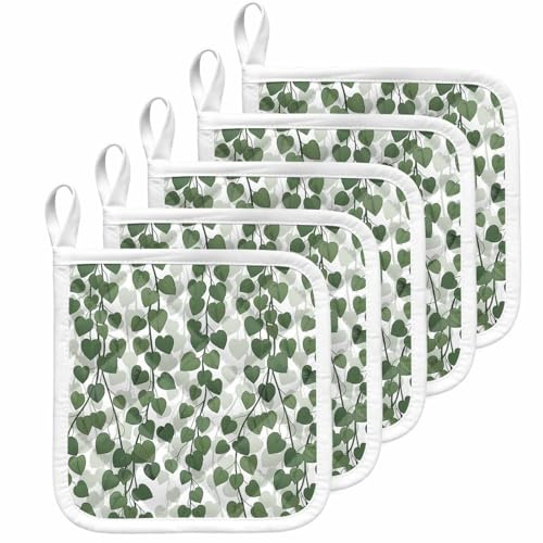 5 Pack Pot Holders for Kitchen, Spring Plants Ivy Heat Proof Potholders with Loop, Green Heartleaf Philodendron Hot Pads Non Slip Oven Potholder for Cooking Baking