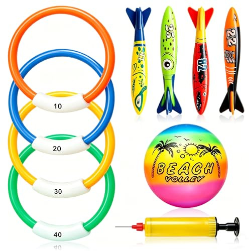 LANGNIDORIS Giocattolo per Piscina per Bambini, Adatto ai Bambini a Partire da 4 Anni, Composto da Anelli da Immersione, Pallone e Torpedini da Gioco, Ideale per Giochi Subacquei in Piscina d’Estate