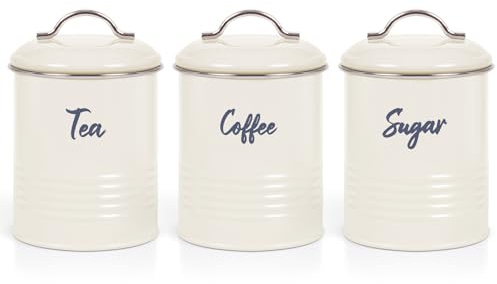 EHC Tea, Coffee, Sugar, Canister Set, Set of 3 Airtight Food Storage Easy to Open Storage Cansiters Jars Tin, Cream