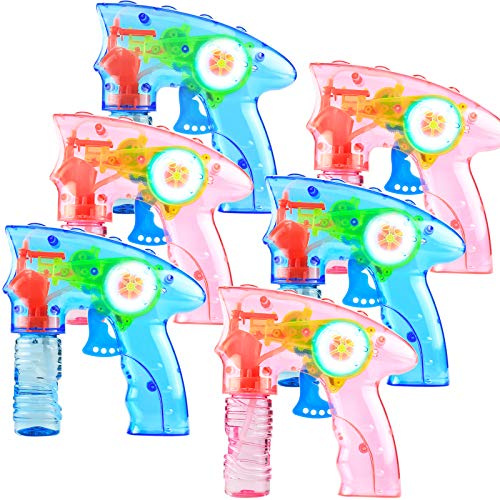 6 Pcs Bubble Gun Shooter LED Light up(no Batteries Needed), Wind up Operated Bubbles Blaster Blower with Bottle Solutions, Bubble Blowing Toy kit for Kid Boy and Girl Outdoor Summer Game Party Favor