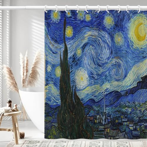 IcosaMro Stjärnklar natt duschdraperi för badrum med krokar, Van Gogh stjärnor konst dekorativ lång tyg duschdraperi baddekorationer – 71 B x 72 L, blå