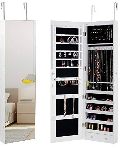 GOPLUS Smyckesskåp, spegelskåp, hängande smyckeshylla med spegel, med LED-belysning, färgval, för ringar, örhängen, halsband, armband (vit)