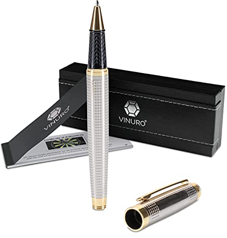 Vinuro® Polaris I edler Tintenroller mit blauer Mine I aus Edelstahl I in Gold und Silber I in edlem Etui I Geschenk für Weihnachten, Bachelor