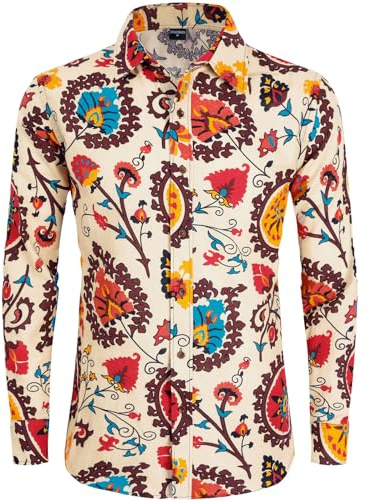 COSAVOROCK Män Hippie 70s Skjorta Hippy Blommig Fully Funky Fancy Klänning Hawaiian Skjortor M