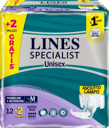 Lines Specialist Unisex Pannoloni a Mutandina Super Maxi, per Incontinenza Donna e Uomo, Asciutto Lampo e Ottima vestibilità, Zero Odore, Taglia M, 1 Confezione da 14 Unità
