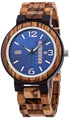 BOBO BIRD Week and Date Multi-Functional Display Men's Zebra Wooden Quartz Watch Lightweight Handmade Casual Wristwatches with Gift Box (Blue Dial)
