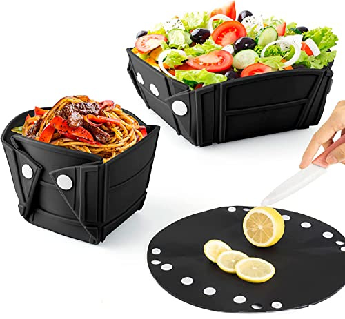LudoHome Plato de Silicona Plegable con varias Posiciones - Cuenco plegable Ideal para Camping, Playa o Montañismo, Hermético y Fácil de Limpiar, pack de 2 (Negro)