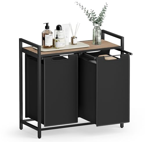 VASAGLE Laundry Basket, 2-Compartment Laundry Hamper, Pull-Out and Removable Laundry Bags, Laundry Sorter, Shelf, Metal Frame, 2 x 46L, 73 x 33 x 72 cm, Camel Brown and Black BLH201B50 | Laundry Hamper Sorter, Pull-Out and Removable Laundry Bag, Ink Camel Brown and Black, BRENTA Collection BLH201B50