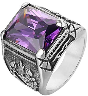HIJONES Anello con Gemma di Pietra Viola da Uomo in Acciaio Inossidabile Gioielli Celtici Floreali retrò Argento Misura 22