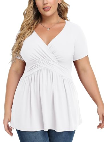TIANZHU Top taglie forti da donna avvolgente baby doll camicia morbida tunica top elegante camicetta con scollo a V, XL-4XL, B02-bianco, XXL