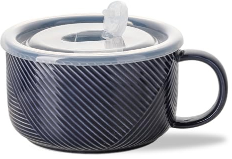 Adewnest Oversized Soup Bowl with Handle: 38 oz Ceramic Soup Mug with Lid - Microwave Safe Jumbo Food Storage Container for Ramen Cereal Breakfast Meal Prep Office Lunch Dorm Living - Navy 6 Inch