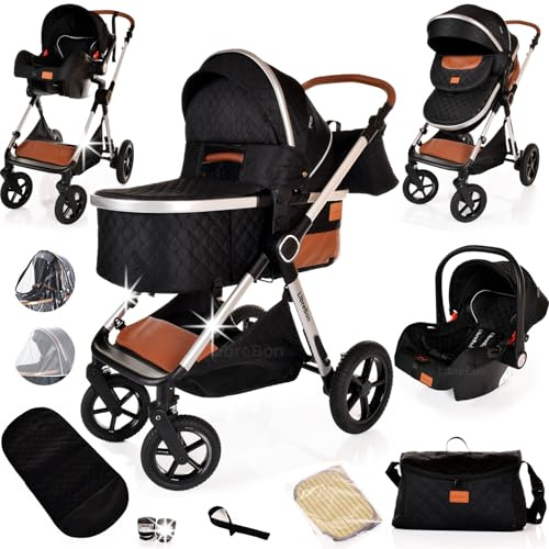 Baby Buggy Pram Pushchair Stroller 3 in 1 Child Lightweight Folding Stroller 3 in 1 Travel System Pram for Newborns & Toddlers from Birth Aluminum (Black - Silver Frame)