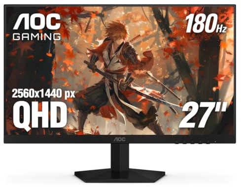 AOC Q27G4XN 27 Gaming Monitor, 2K QHD 2560x1440, 180Hz 1ms, Adaptive-Sync, Height Adjustable, 2X HDMI 2.0, 1x Display Port, Xbox/PS5/Switch Ready, 3-Year Zero-Bright-dot