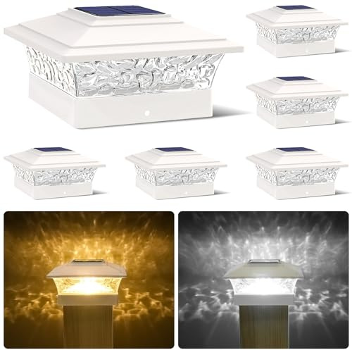 Solar Post Cap Lights Outdoor 6pack, Waterproof Solar Powered Deck Fence Post Lights Fit 4x4/5x5/6x6 Wood/Vinyl Posts, White Vinyl Fence Post lights with Warm/Cool White for garden, Patio, Porch, Deck