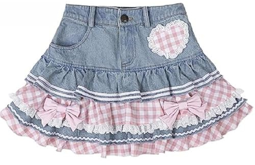 ZQHXL Preppy Lolita Kawaii Jupes Sweet Mini Women Cute Ball Dress Denim Jupe Y2K Taille Haute Dentelle Gâteau Jupes, bleu, S