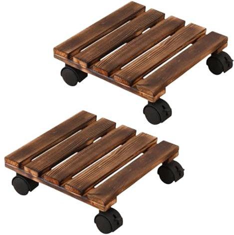 NCONCO 2 Pack Plant Caddy with Wheels, 12 Wood Duty Plant Stand with Wheels, Square Wooden Plant Pot Trolley Plant Pot Caddy with 2 Lockable Caster, Heavy Duty Plant Dolly Base for Indoor Outdoor