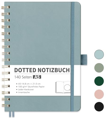 RETTACY Notizbuch A5 Dotted, Bullet Dot Journal mit 100 g/m² Dickem Papier, 70 Blatt, Notebook für Büro und Schule, Lederhülle, Grau-Blau, 14.8 cm x 21 cm