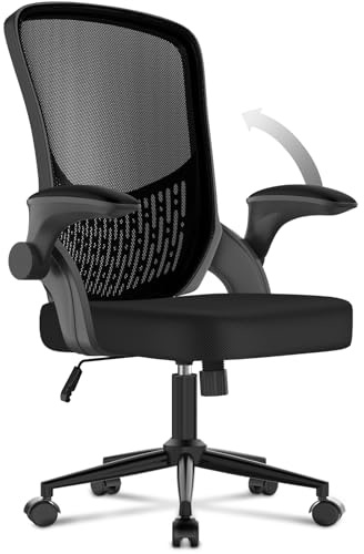 naspaluro Ergonomischer Bürostuhl, Schreibtischstuhl mit klappbaren Armlehnen, höhenverstellbar, Neigefunktion, atmungsaktive Rückenlehne, Drehstuhl 360°, Schwarz