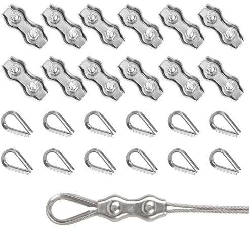 Rybtd Wire Clamp 24 PCS M4 Duplex Wire Rope Grips with M4 Wire Rope Thimbles,304 Stainless Steel 4mm Wire Rope Clamp Fence Wire Connector for 3mm Wire Rope Cable for Clothesline Tensioner Awning Fixed