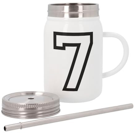 Mug Isotherme en Inox avec Couvercle et Paille - Numéro de Maillot 7 Noir et Blanc Foot Sport Basket - 500 ml - Tasse Thermo