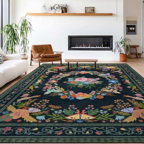 GthreeD Alfombra de salón lavable de 200 x 300 cm, de pelo corto, grande, oriental, vintage, suave, antideslizante, para dormitorio, comedor, cocina, flores y negro