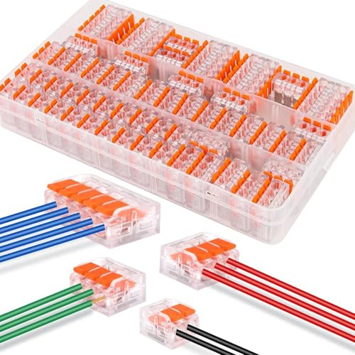 Jortmrd 75 Pcs Morsetti Elettrici, Connettori Elettrici Rapidi Morsettiera Elettrica per Cavi a 2/3/5 Poli con Leva, Mammut per Cavi Adatti a Tutti i Tipi di Conduttori a Livello Mondiale (Arancione)